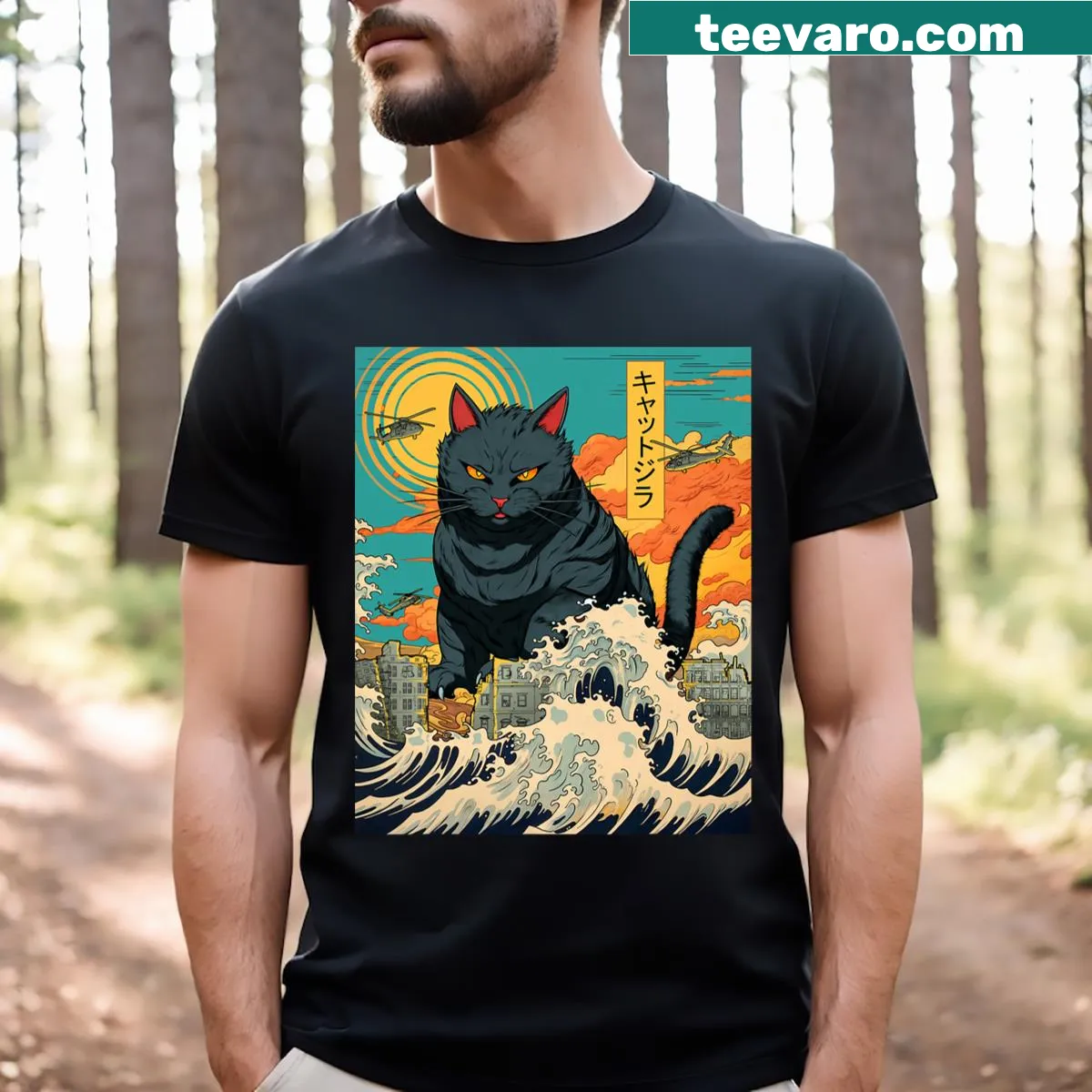 Cartoon cat Catzilla illustration on a humorous t-shirt — on a men's t-shirt