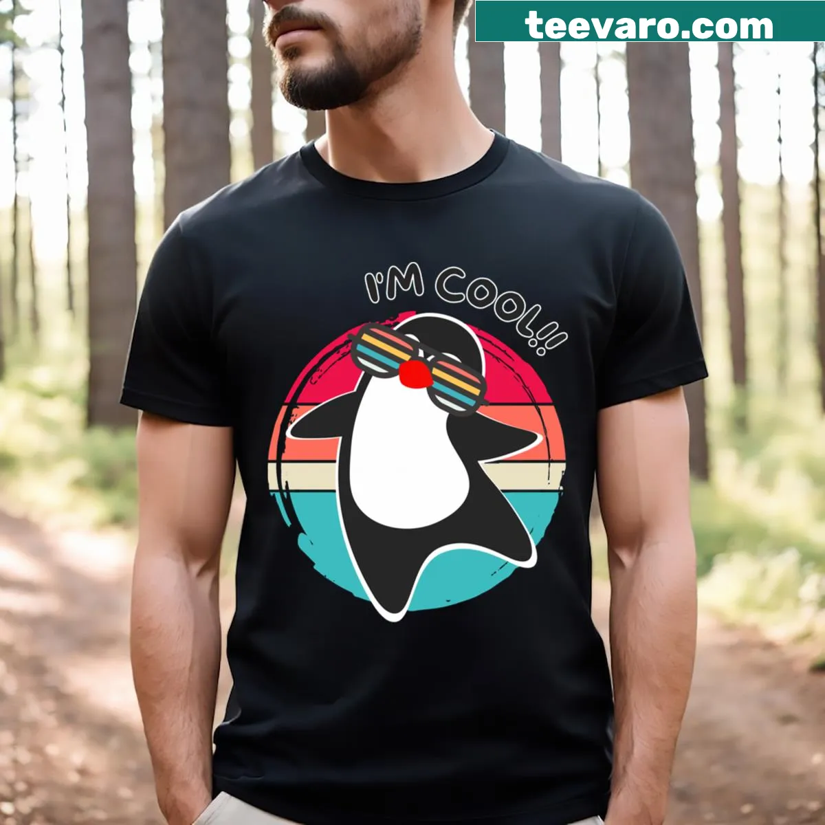 Retro T-shirt featuring a penguin with sunglasses and playful design. — on a men's t-shirt