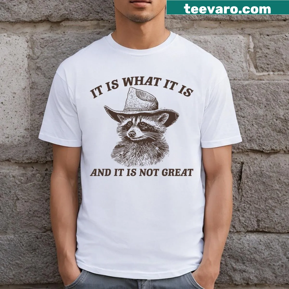 Cartoon raccoon t-shirt with humorous text — on a men's t-shirt