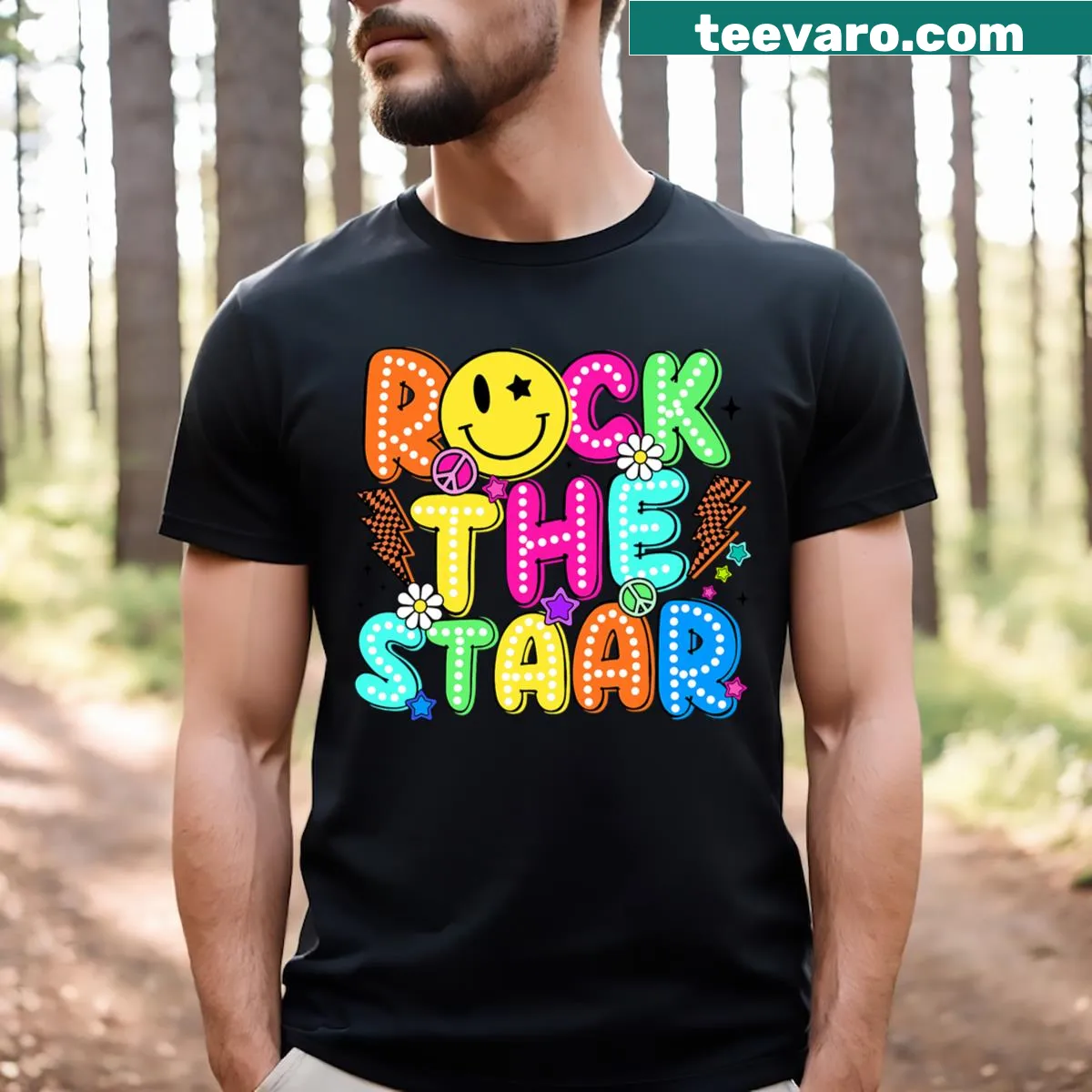 Motivational T-shirt for teachers and students with test-themed text — on a men's t-shirt