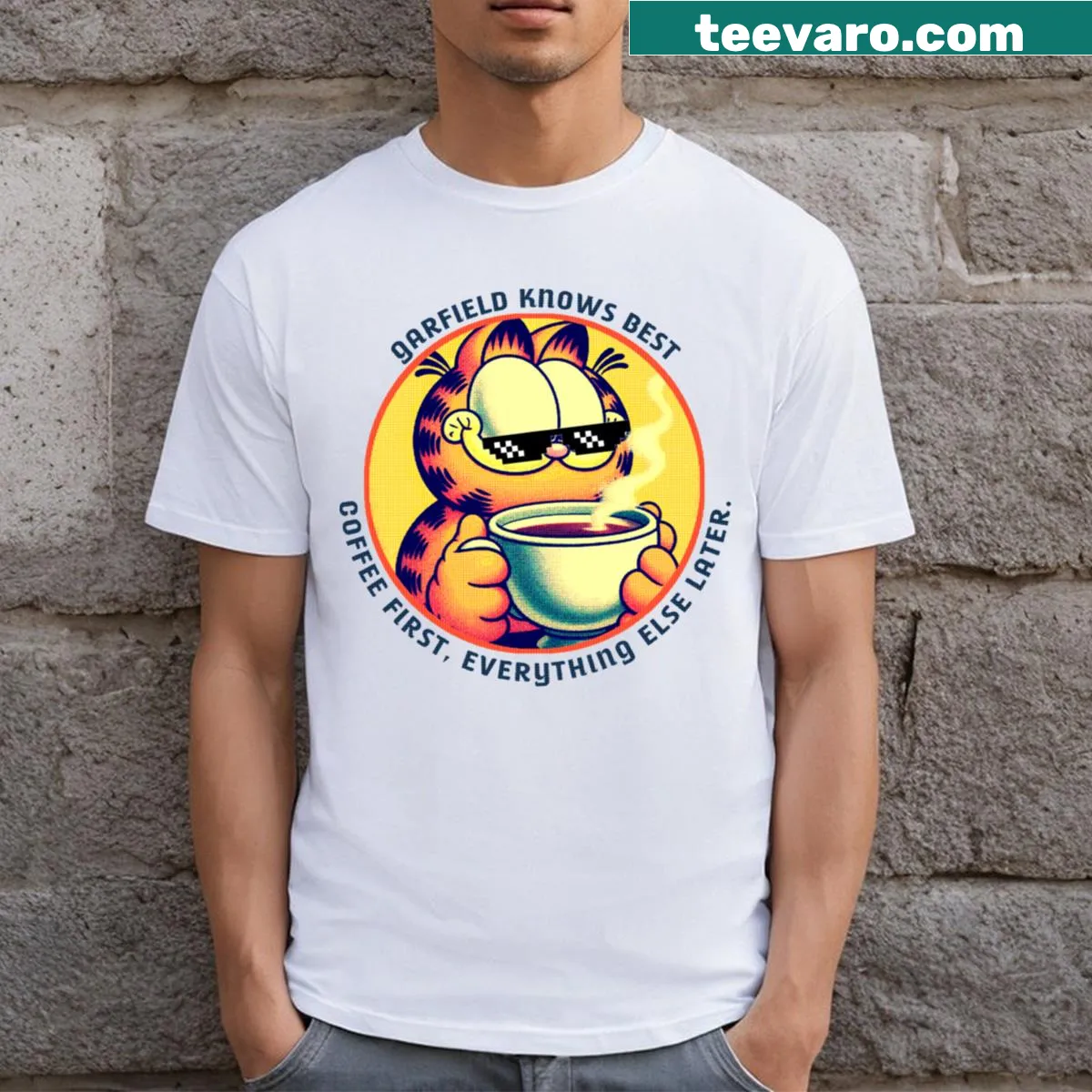 Humorous coffee-themed t-shirt with Garfield-style text about priorities — on a men's t-shirt