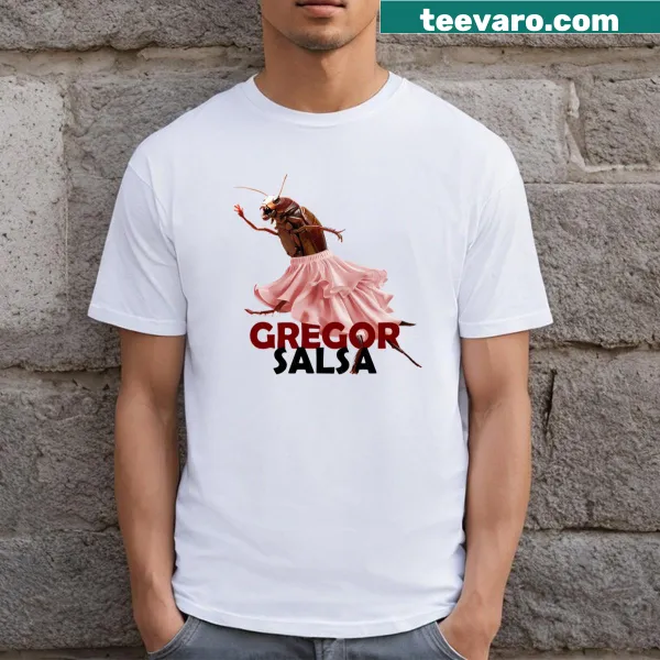 Illustrated T-shirt depicting Gregor Samsa dancing salsa in a whimsical style