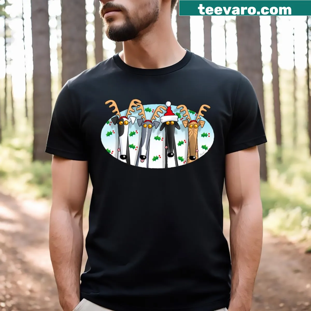 Illustrated t-shirt featuring a greyhound with whimsical antlers — on a men's t-shirt