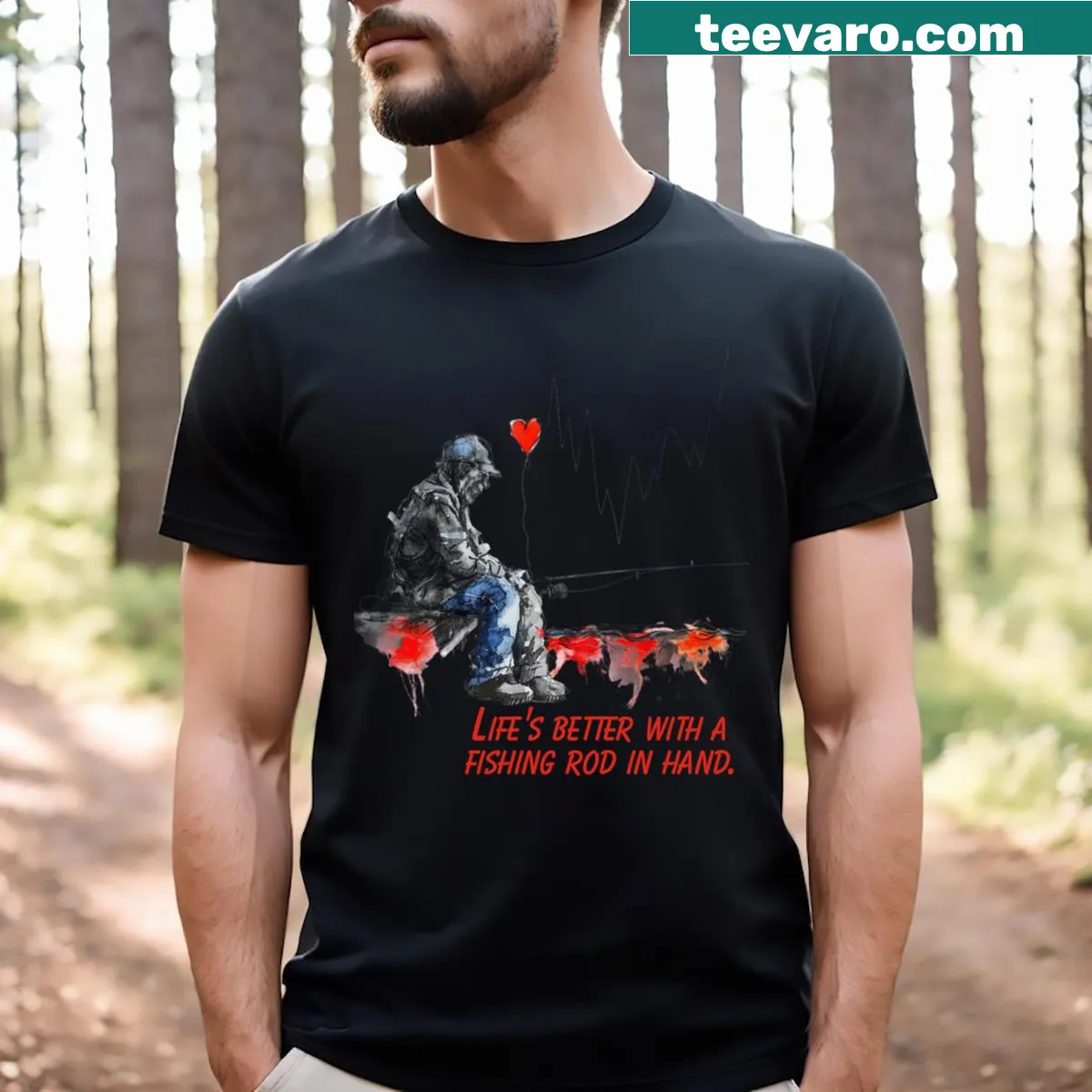 Fishing t-shirt with Life's Better With A Fishing Rod In Hand phrase — on a men's t-shirt