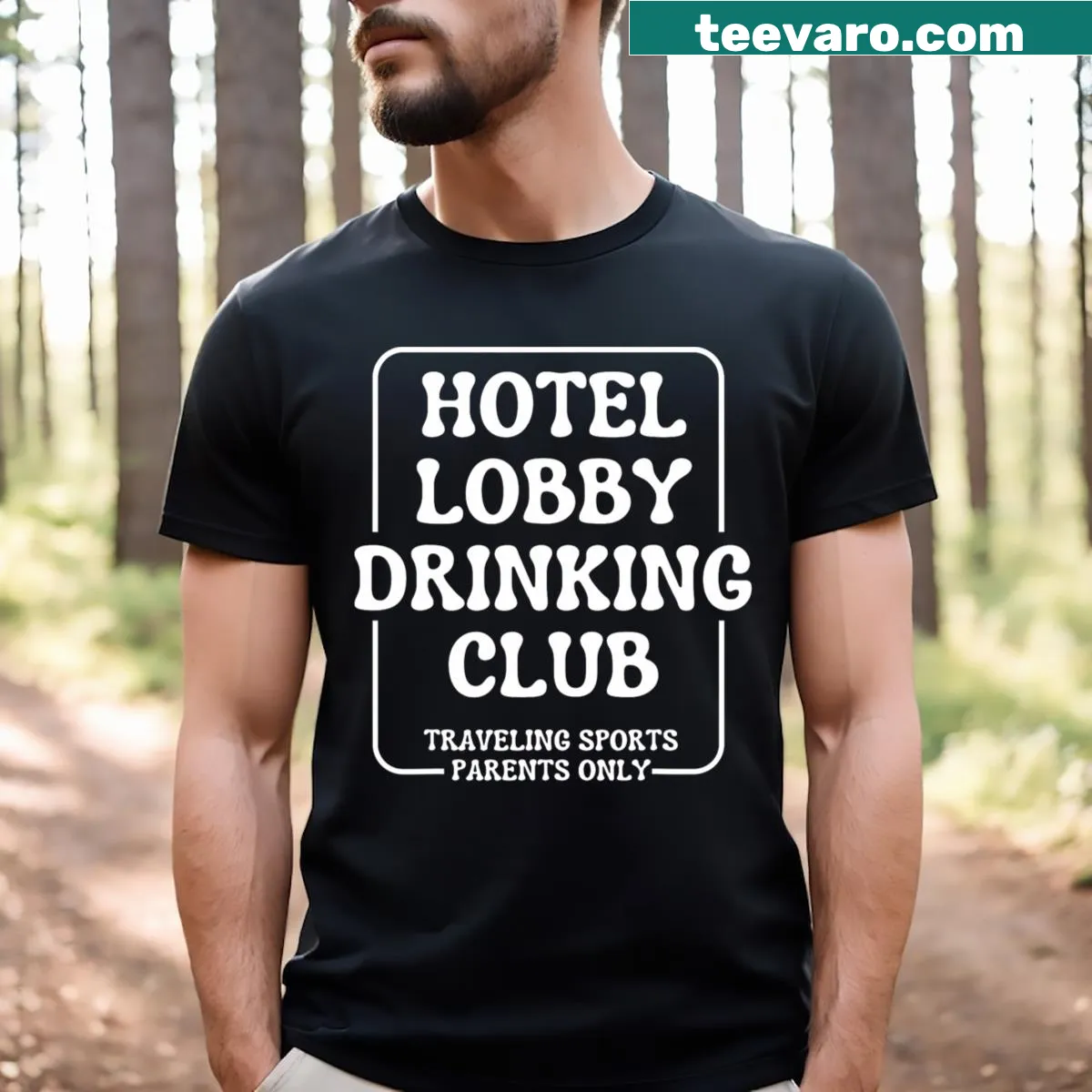 Humorous T-shirt for parents featuring the Hotel Lobby Drinking Club design — on a men's t-shirt