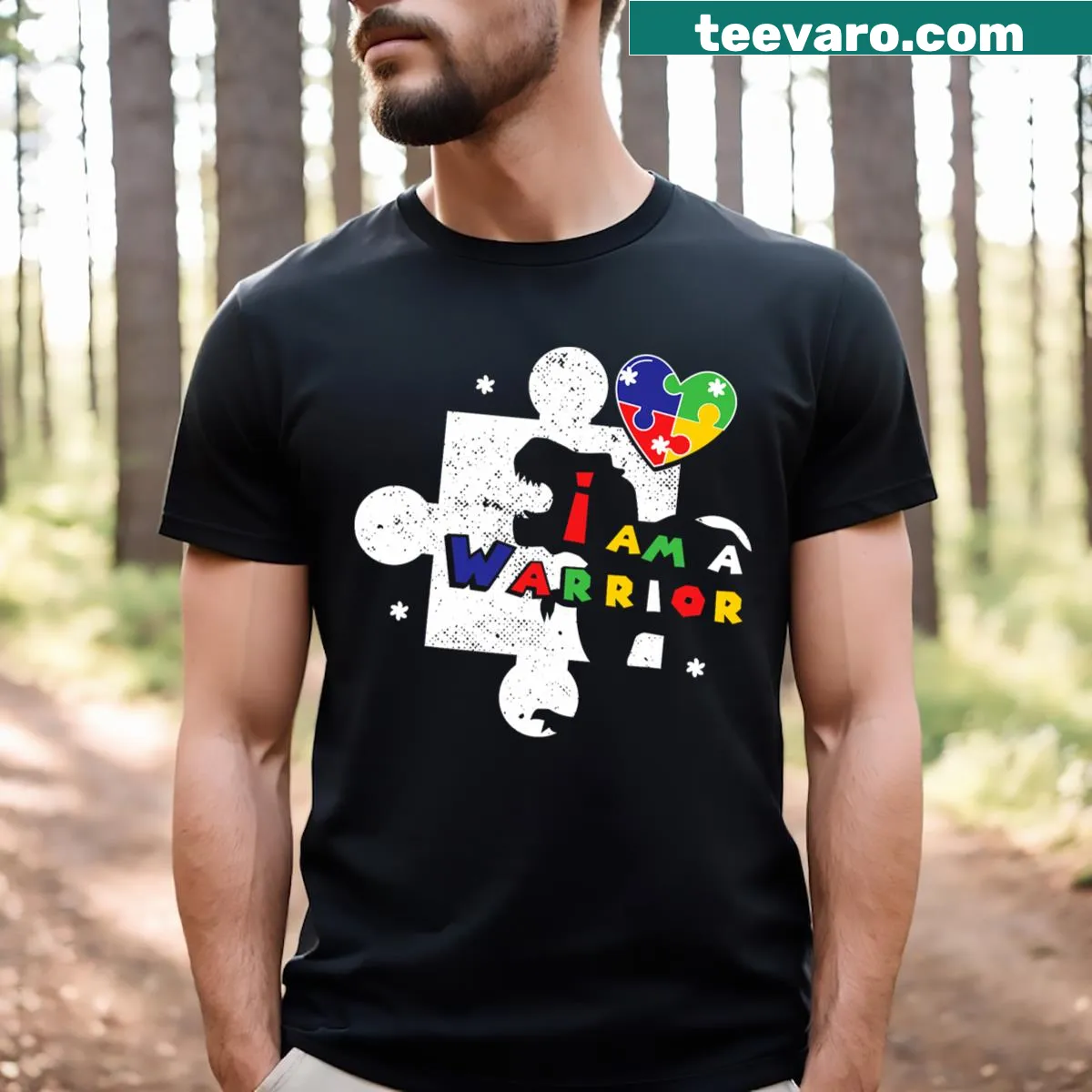 Cartoon dinosaur graphic with the phrase 'I Am A Warrior' on a kids t-shirt — on a men's t-shirt