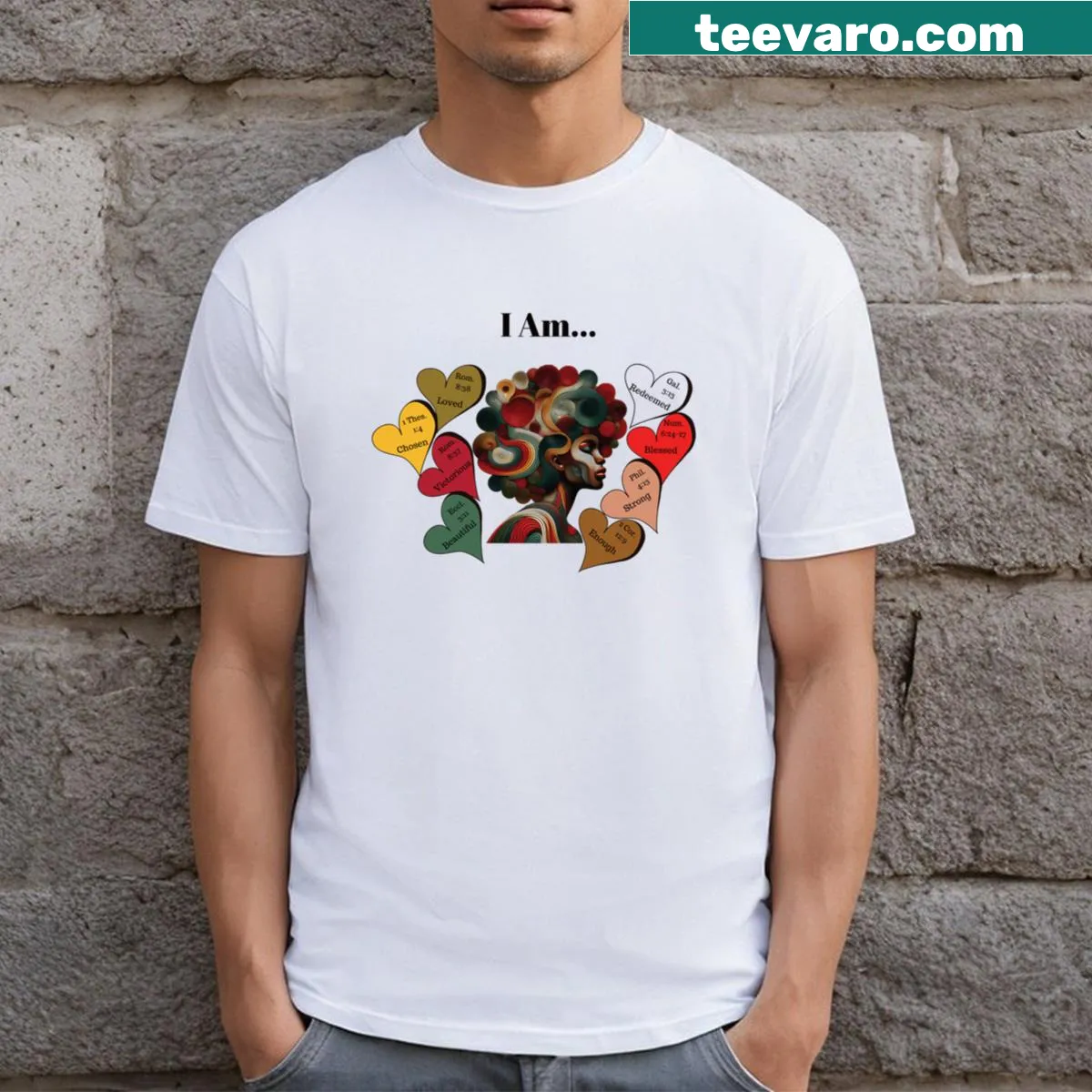 Simple text graphic stating 'I Am' on a t-shirt — on a men's t-shirt