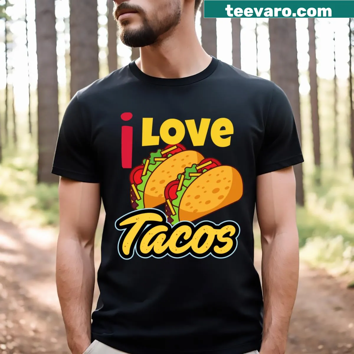 Shirt with bold text stating 'I Love Tacos' in a playful font — on a men's t-shirt
