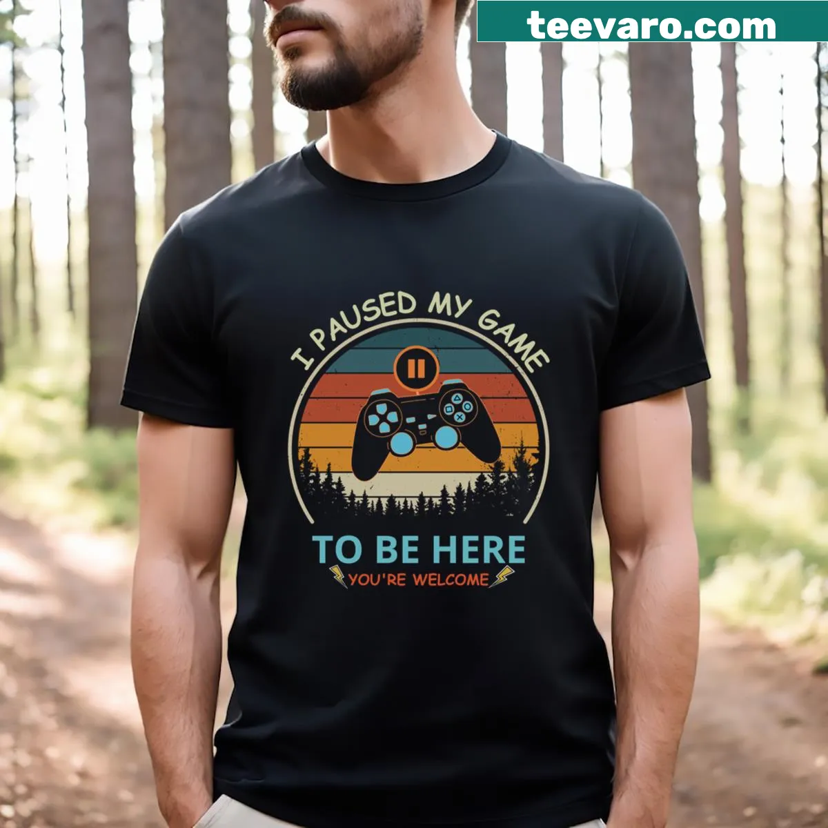 Funny gaming t-shirt with 'I Paused My Game To Be Here' text — on a men's t-shirt