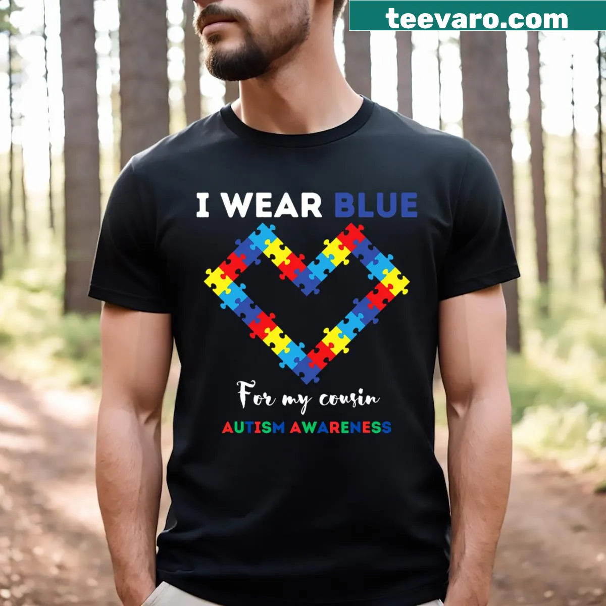 Text design for Autism Awareness Day, stating 'I Wear Blue For My Cousin' — on a men's t-shirt