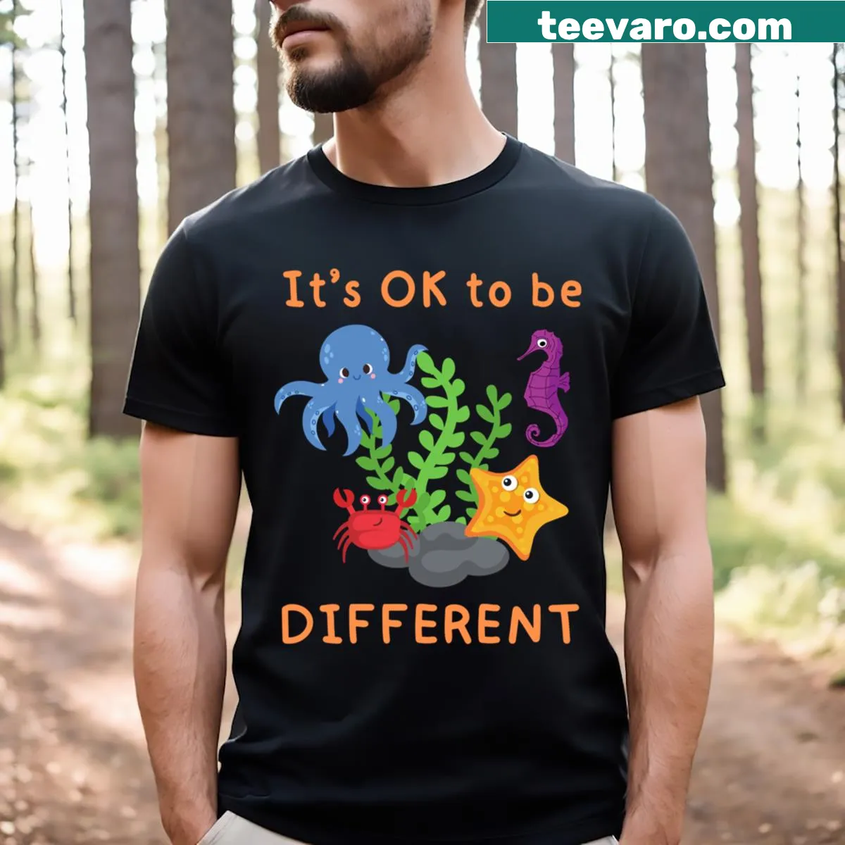 Whimsical sea animals graphic T-shirt promoting individuality — on a men's t-shirt