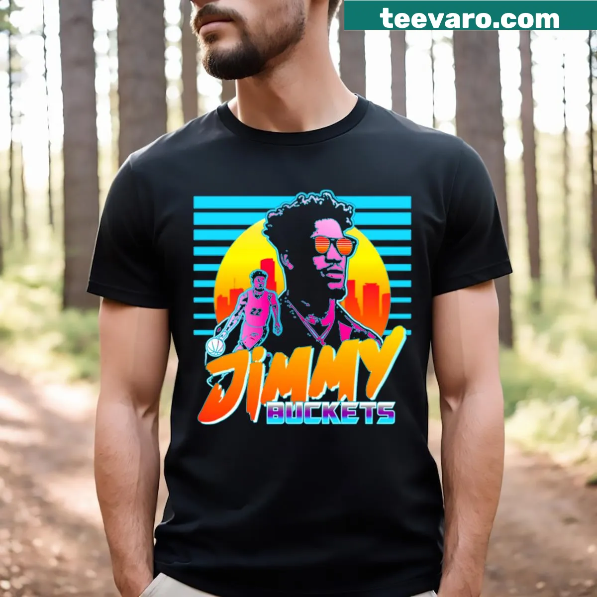 Retro basketball T-shirt featuring a silhouette of Jimmy Buckets in action — on a men's t-shirt