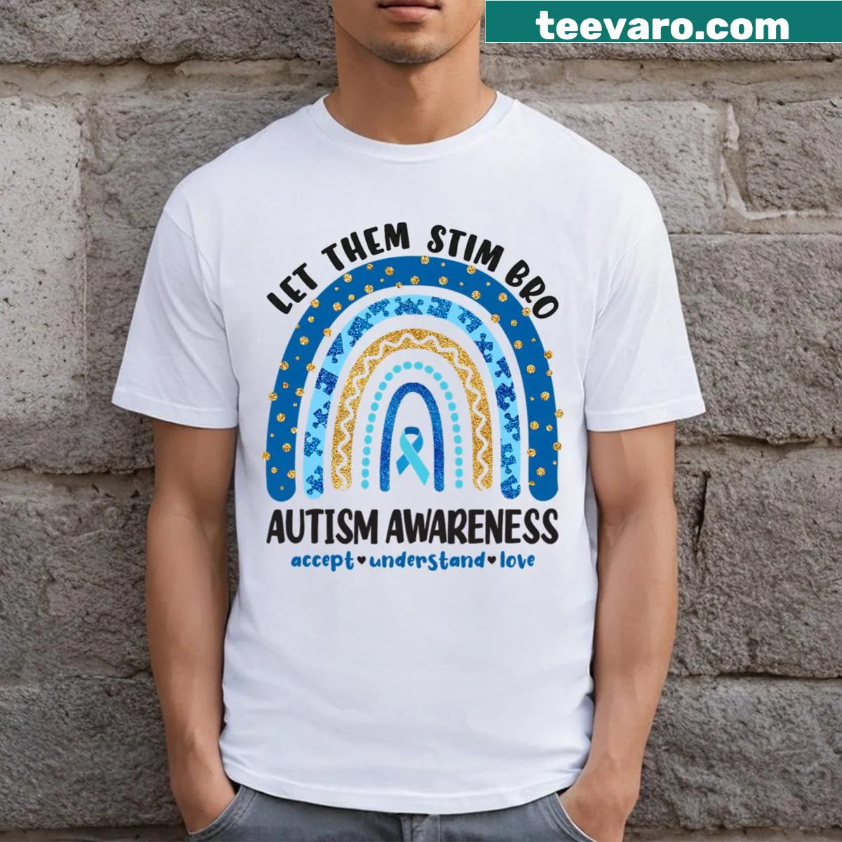 Funny Autism Awareness Month t-shirt with the phrase Just Let Them Stim Bro — on a men's t-shirt