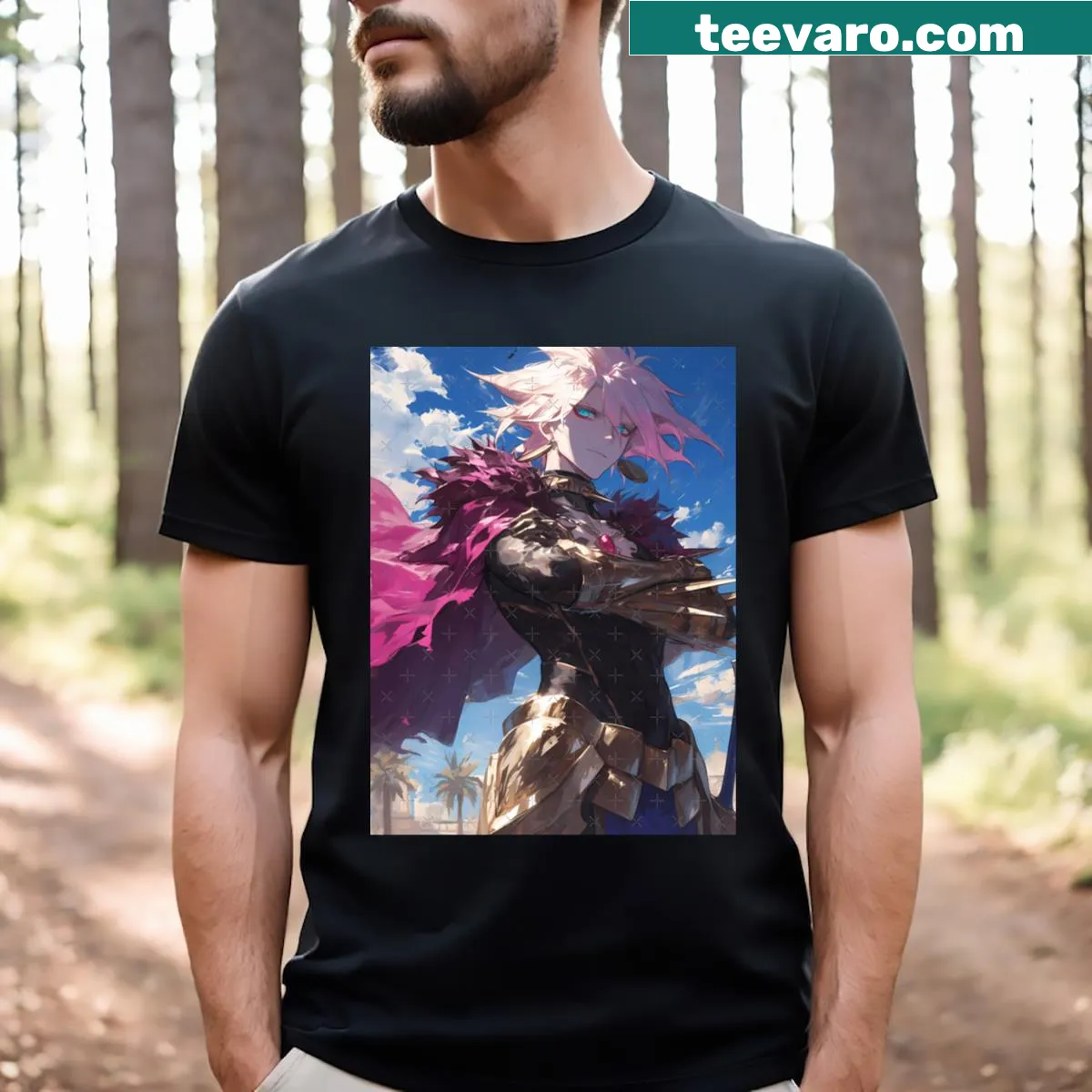 Karna graphic t-shirt featuring the character in an action pose — on a men's t-shirt