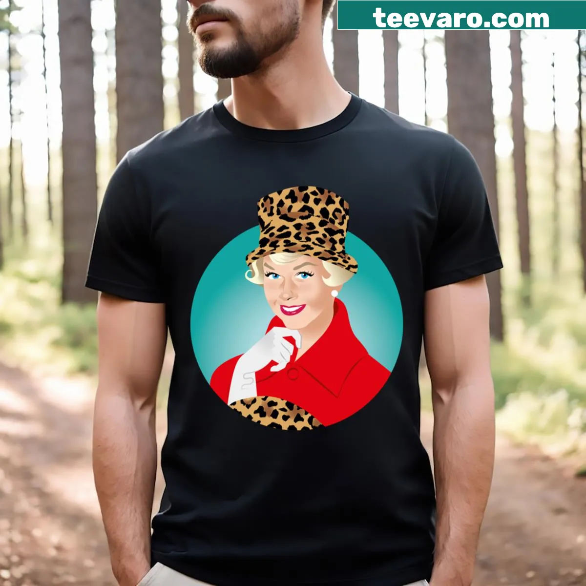 Whimsical illustration of a lady in a leopard print hat on a t-shirt — on a men's t-shirt