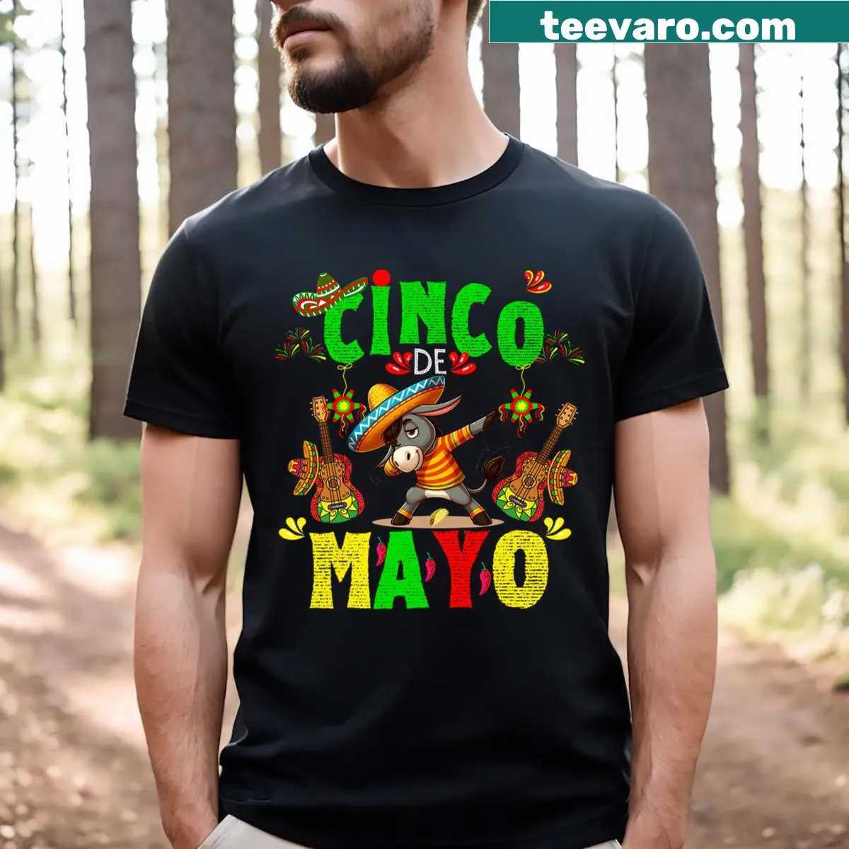 Cartoon dabbing donkey with piñata on t-shirt — on a men's t-shirt