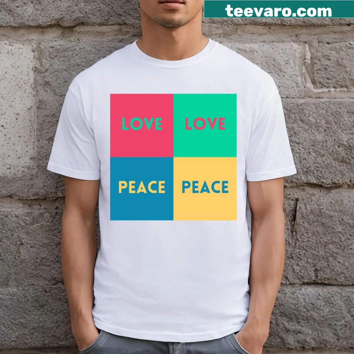 T-shirt with 'Love Love Peace Peace' phrase in cheerful typography — on a men's t-shirt