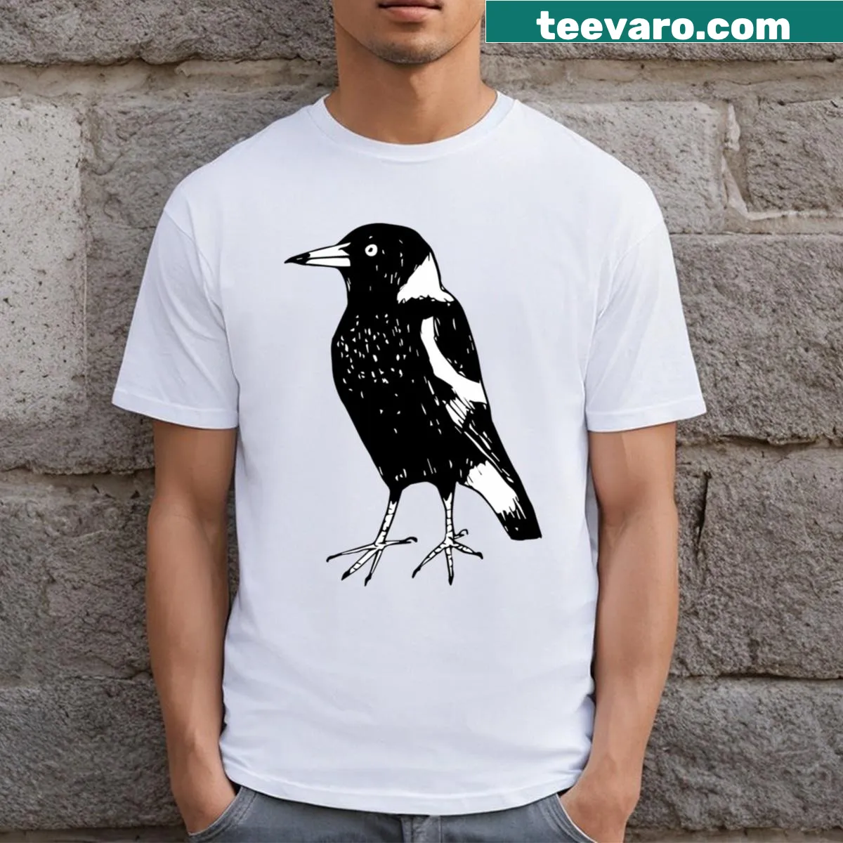 Illustrated T-shirt featuring Max the Magpie for bird conservation — on a men's t-shirt