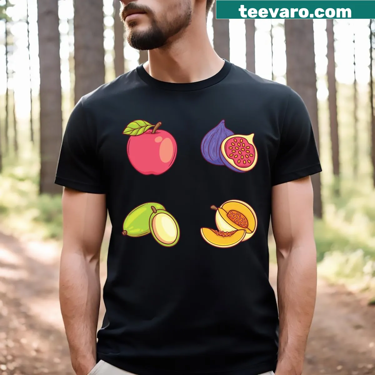 T-shirt covered in playful cartoon-style sticker designs — on a men's t-shirt