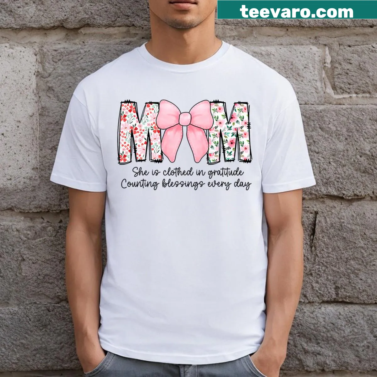 Sentimental T-shirt for moms with gratitude-themed typography — on a men's t-shirt