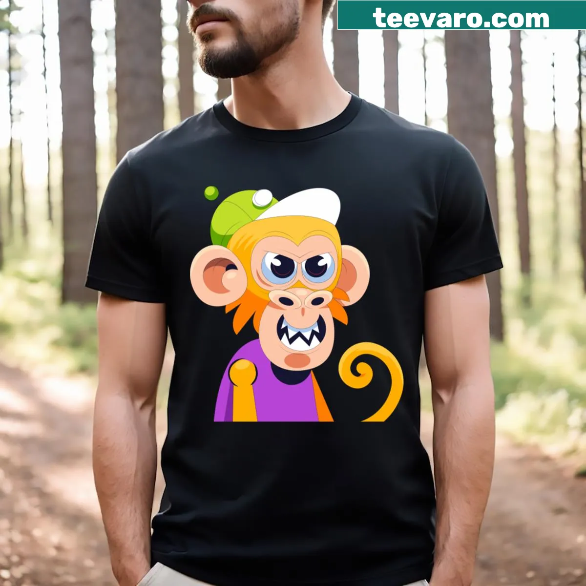 Cartoon monkey wearing a green hat on a playful t-shirt design. — on a men's t-shirt