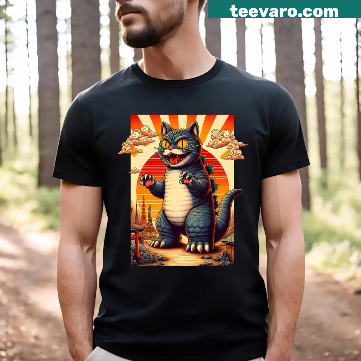 Cute vintage-style T-shirt with a Monster Cat graphic — on a men's t-shirt