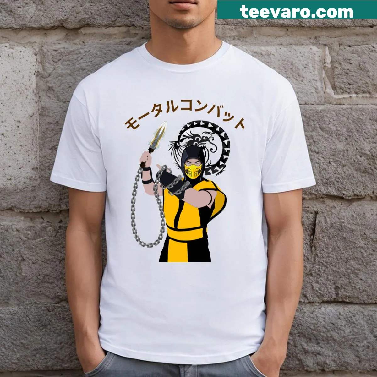 Mortal Kombat themed t-shirt featuring iconic graphics from the game — on a men's t-shirt