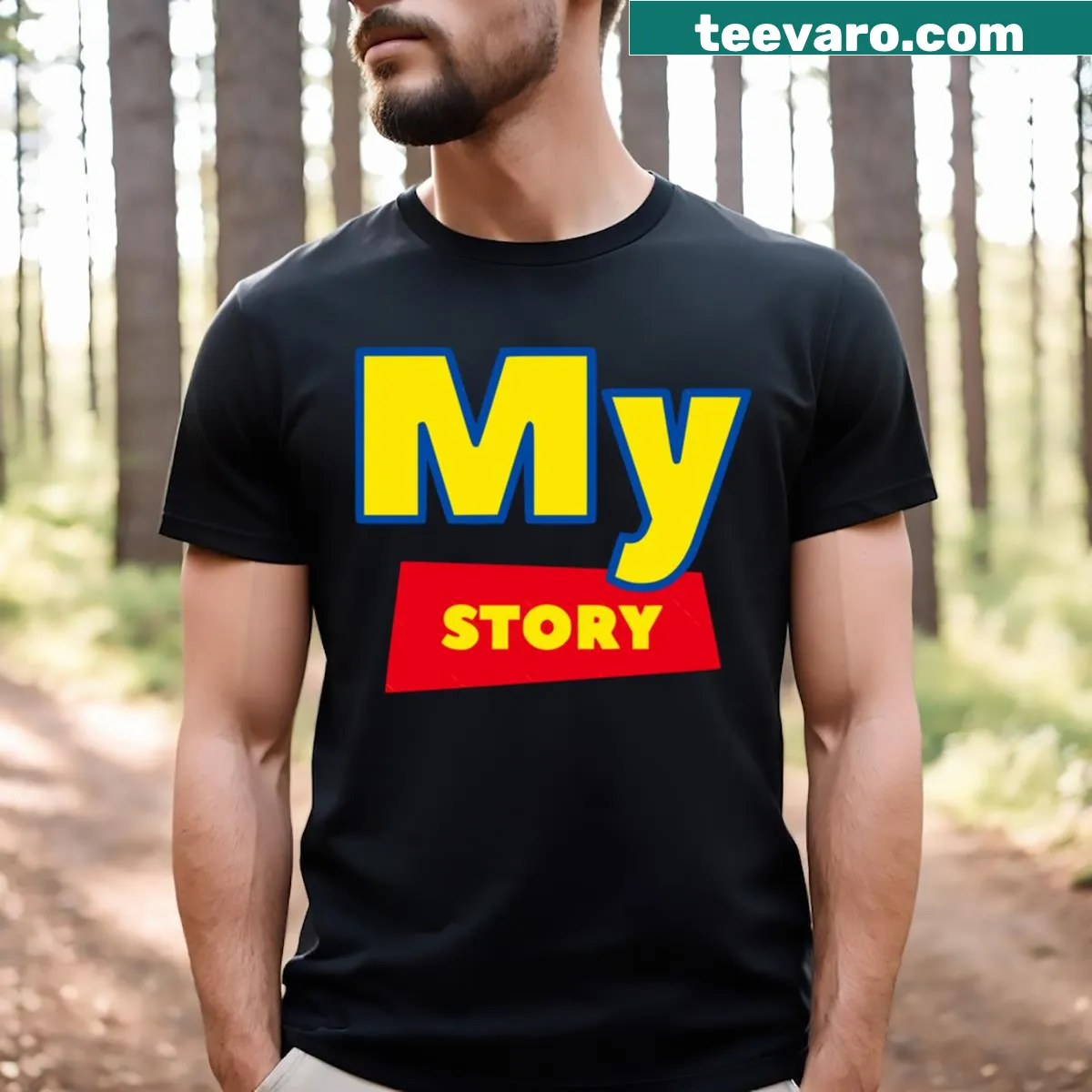 Kawaii styled fitted t-shirt for kids featuring a whimsical story graphic — on a men's t-shirt