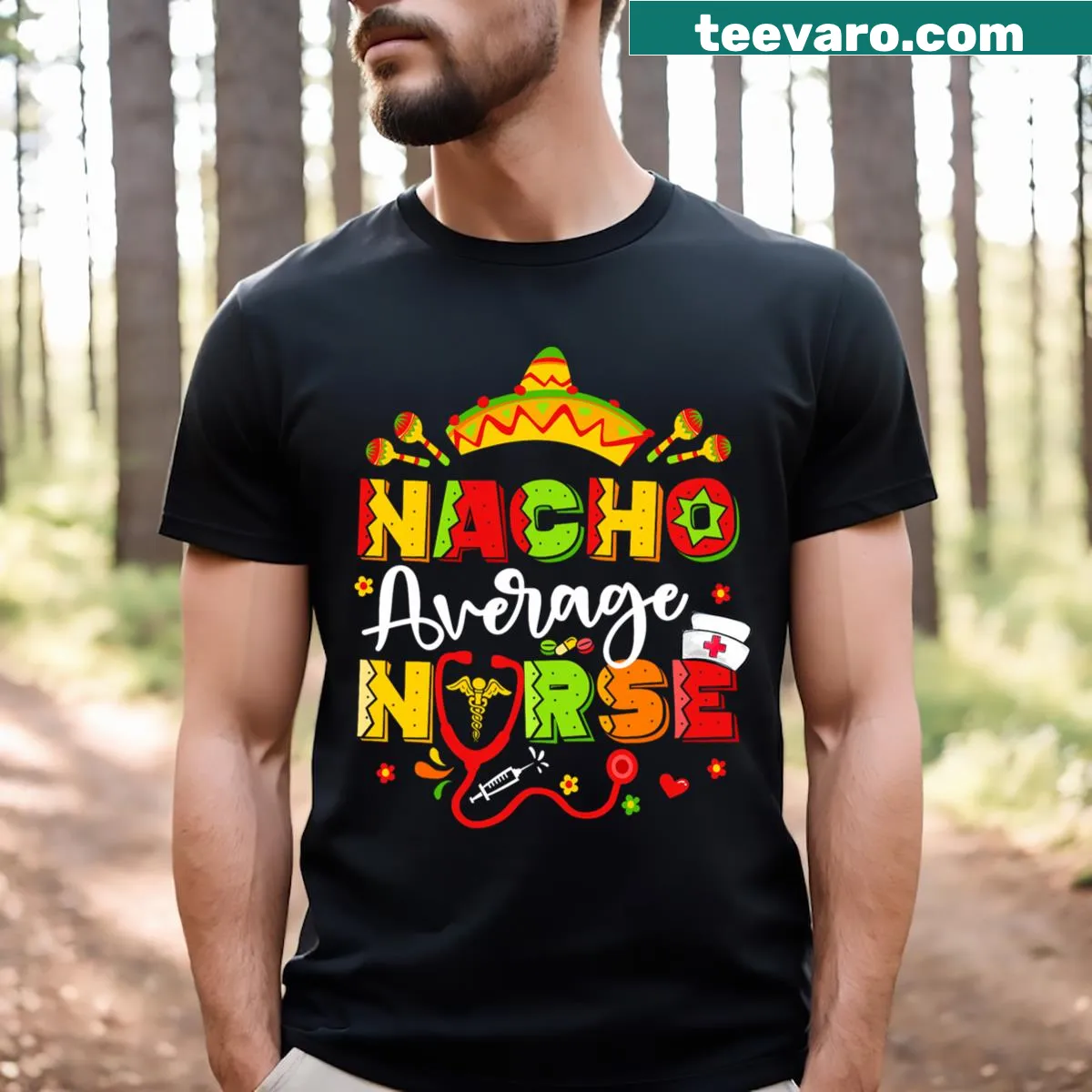 Humorous Cinco de Mayo nurse graphic t-shirt with festive elements — on a men's t-shirt