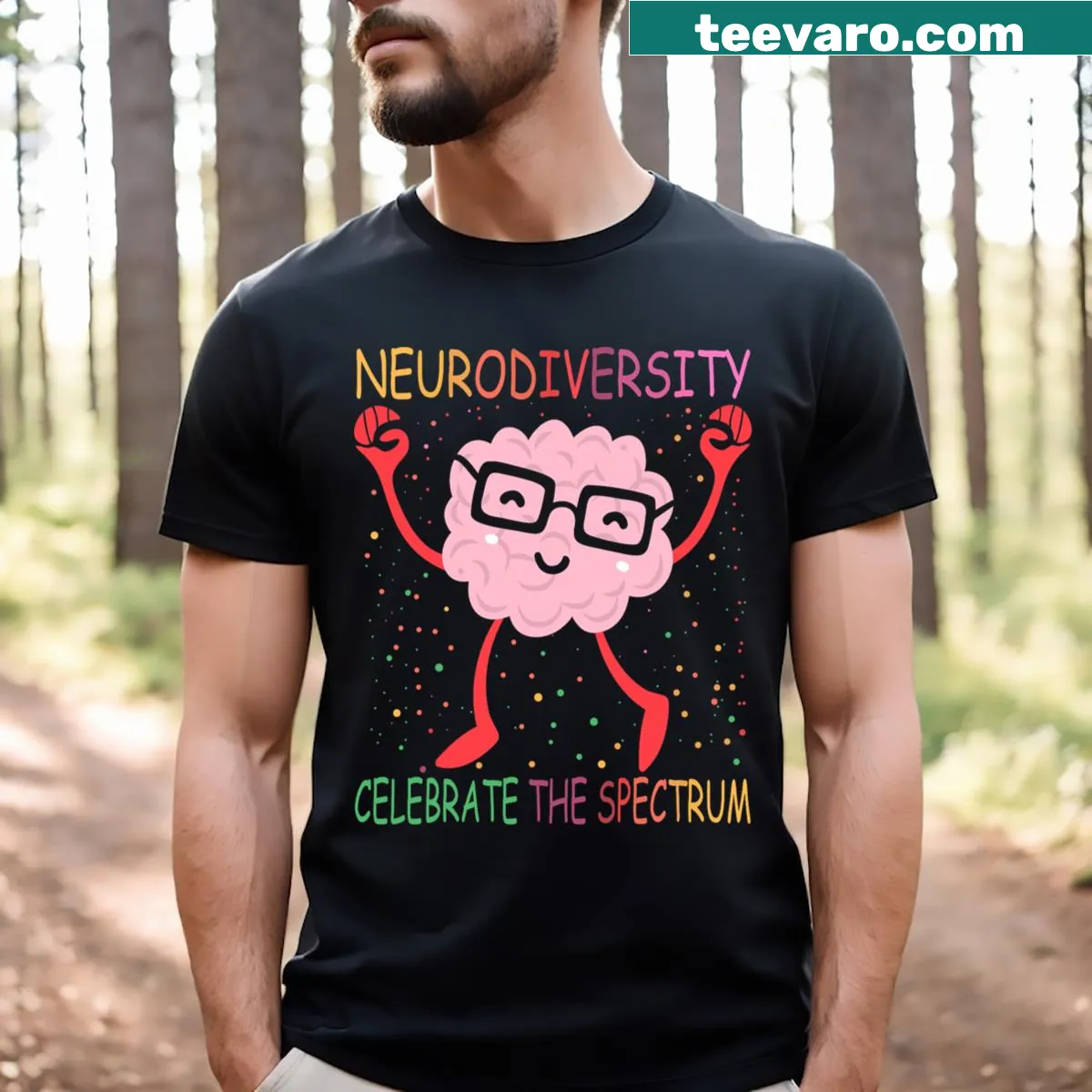 Neurodiversity brain illustration promoting autism and ADHD awareness — on a men's t-shirt