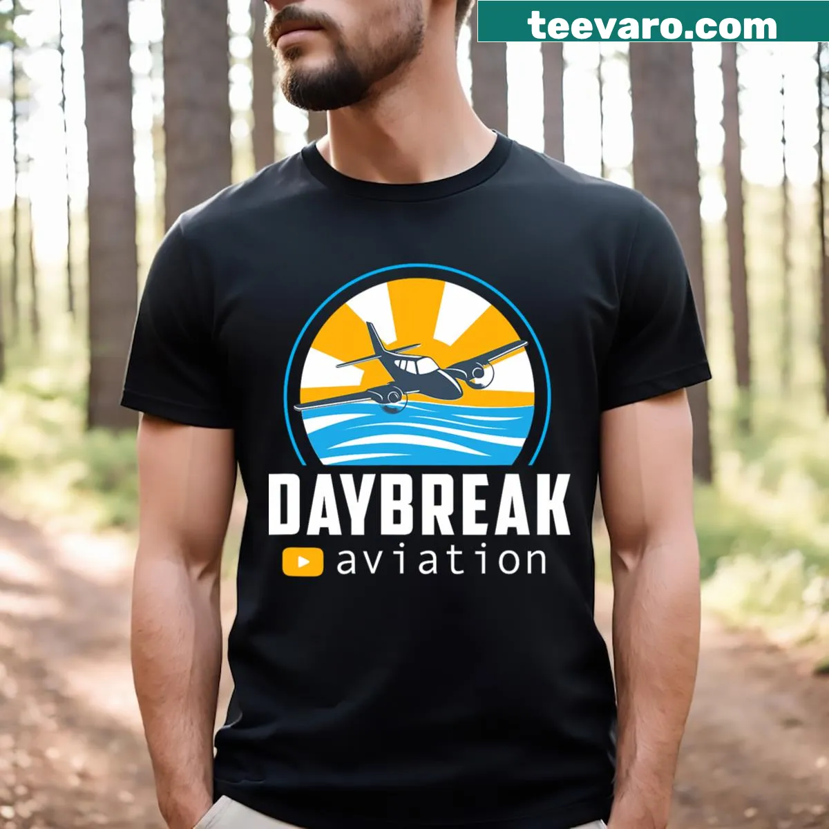 Illustration of an airplane silhouetted against a sunset on a t-shirt — on a men's t-shirt