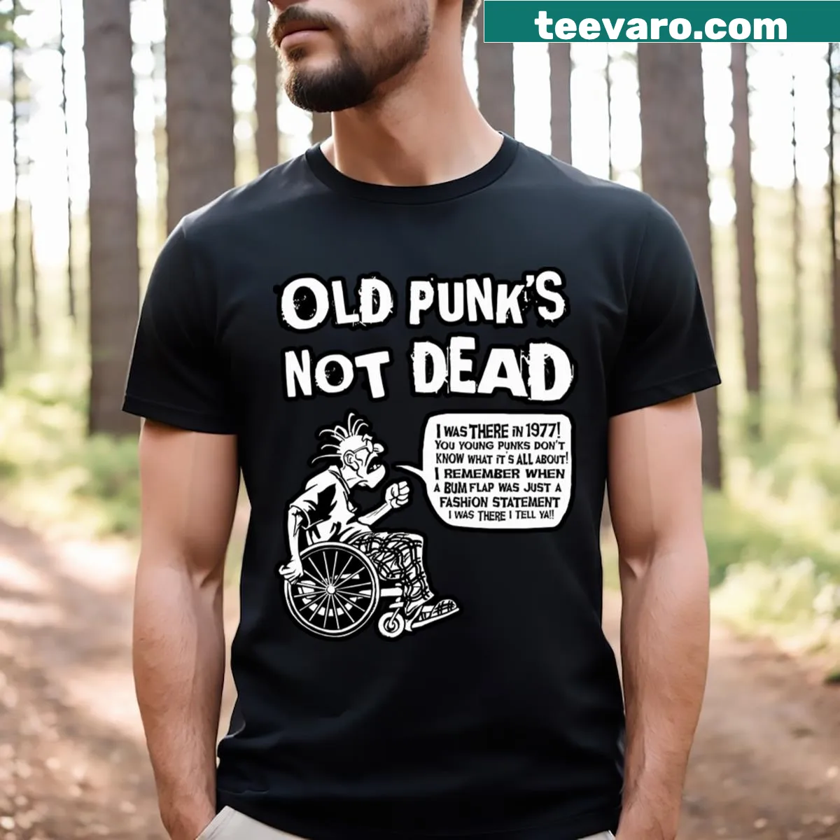 Black Old Punks Not Dead t-shirt with bold text design — on a men's t-shirt