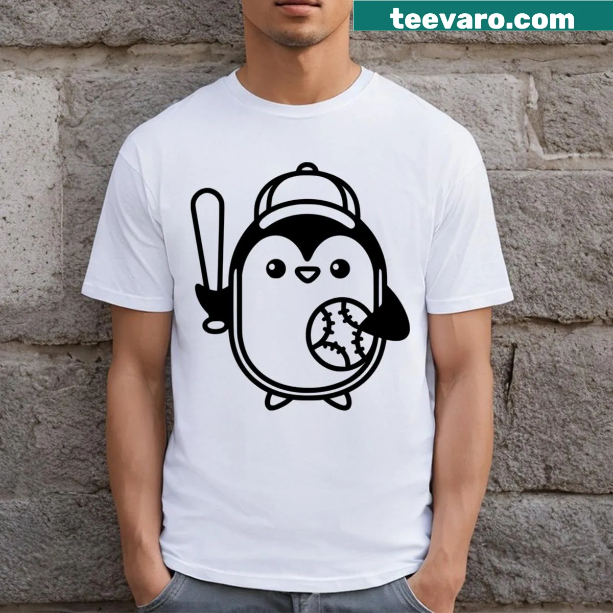 Cute penguin baseball character on a t-shirt — on a men's t-shirt