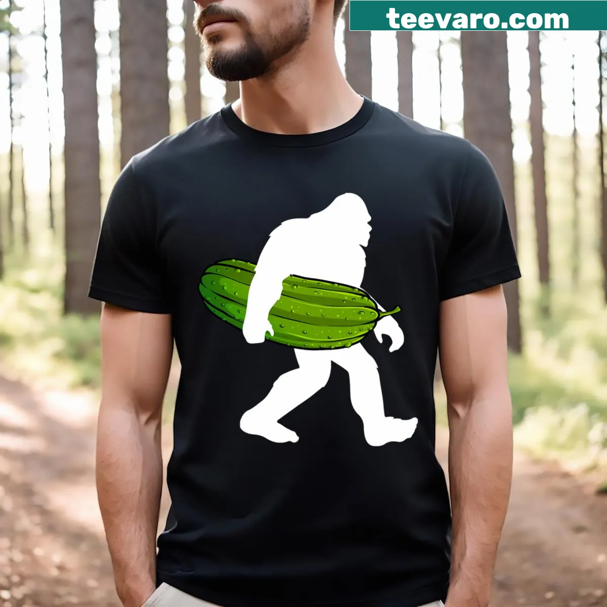 Funny pickle-loving Bigfoot character on a t-shirt — on a men's t-shirt