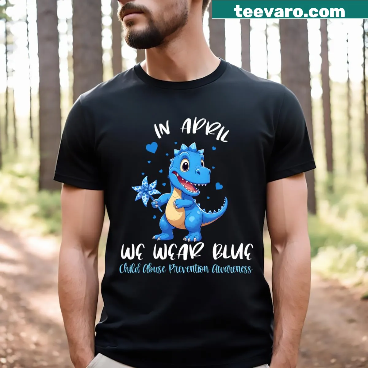 Child abuse prevention themed T-shirt with a pinwheel and dinosaur — on a men's t-shirt