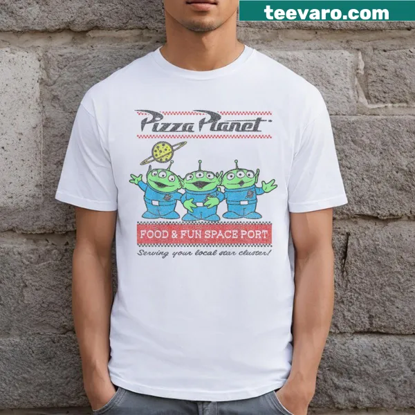 Graphic t-shirt featuring a whimsical Pizza Planet design