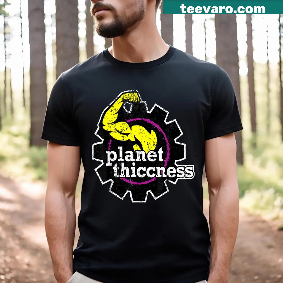 Funny T-shirt with Planet Thiccness motivational text — on a men's t-shirt