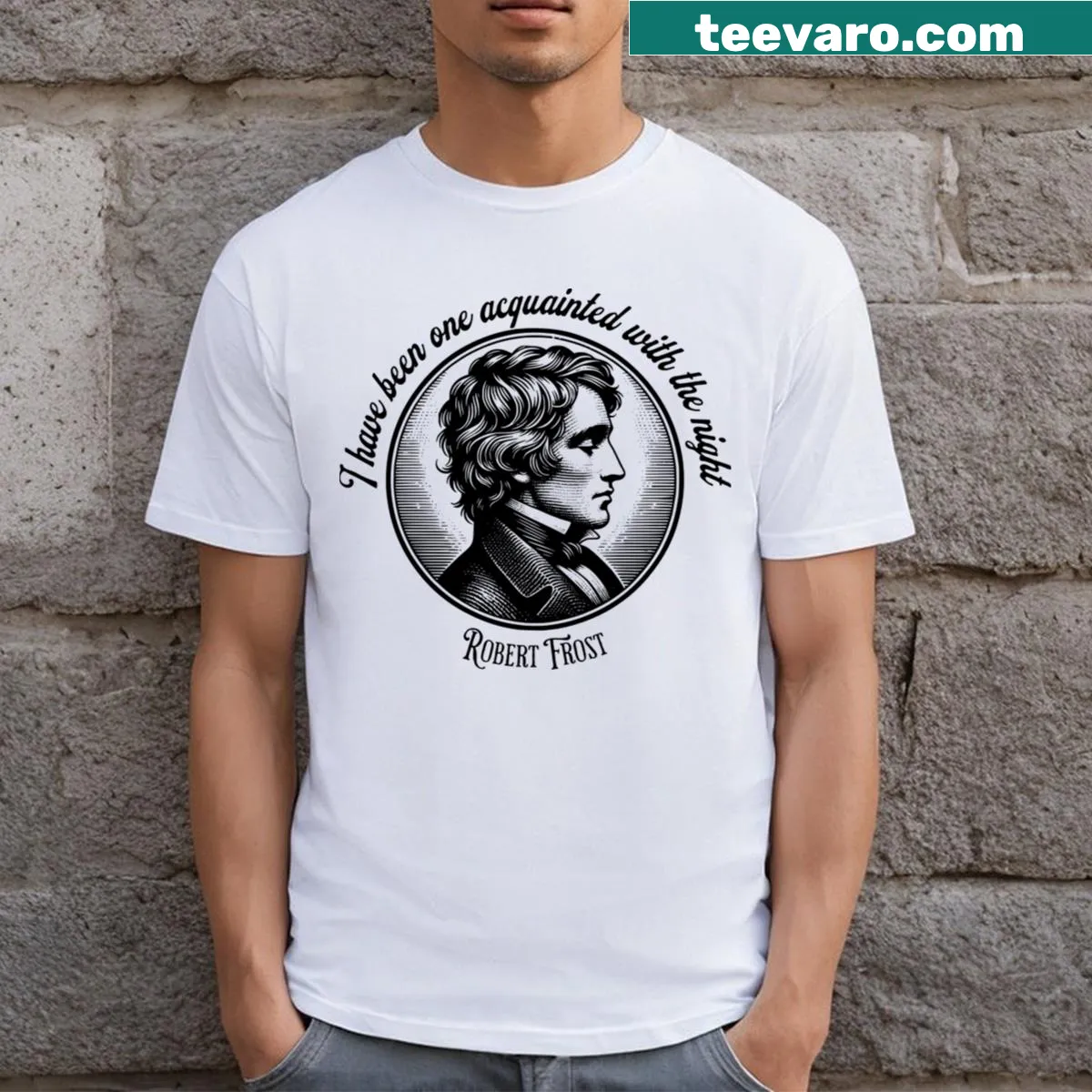 Robert Frost t-shirt with literary design — on a men's t-shirt