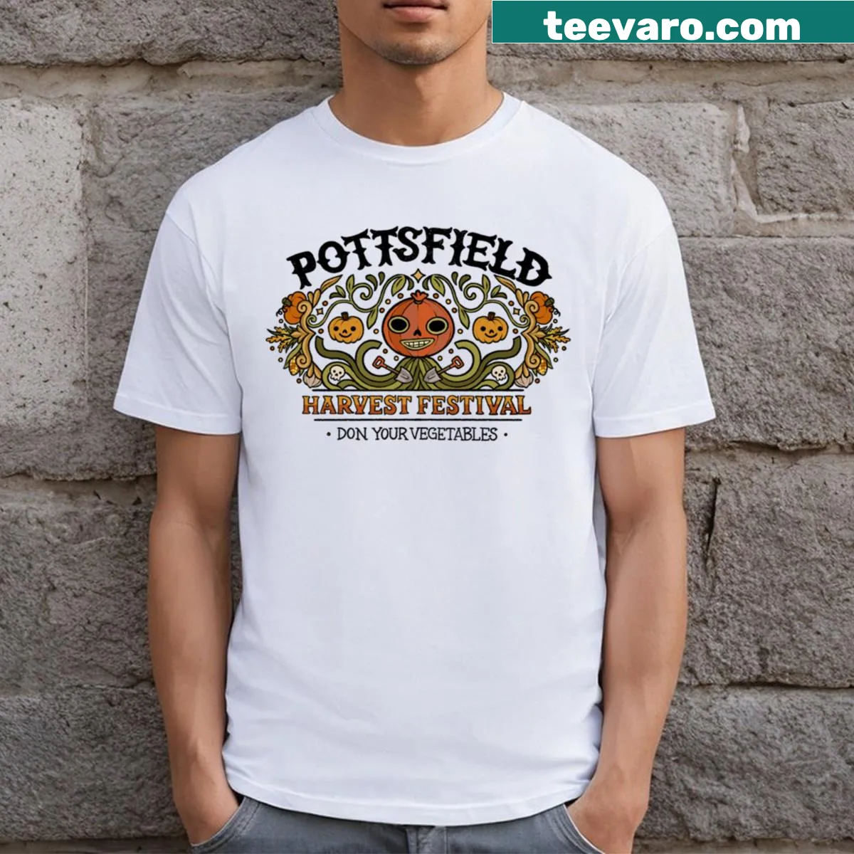 Pottsfield Harvest Festival t-shirt with autumn-themed illustration — on a men's t-shirt
