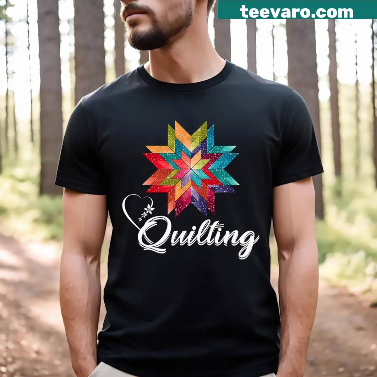 Sewing-themed t-shirt celebrating quilting with heartwarming text. — on a men's t-shirt
