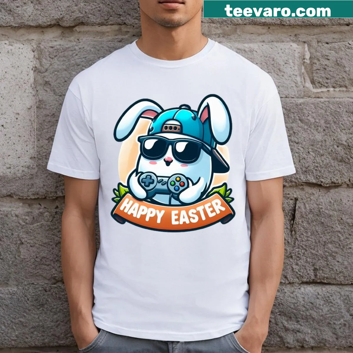Cartoon rabbit in mid-leap on a playful t-shirt design. — on a men's t-shirt