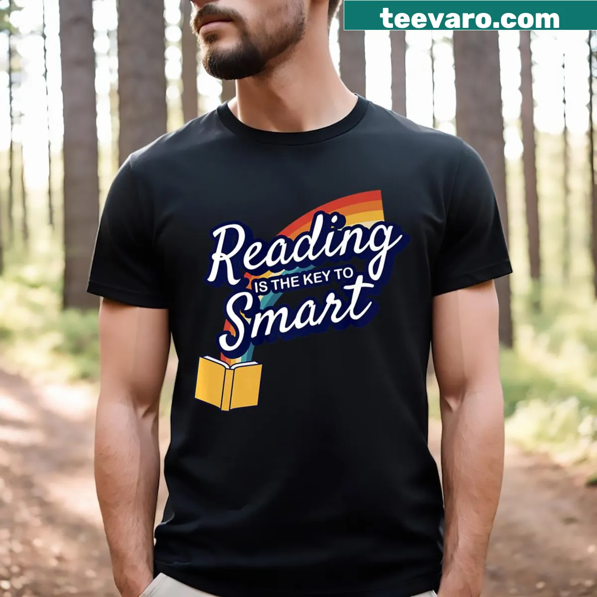 Inspirational t-shirt with text about reading as the key to intelligence. — on a men's t-shirt