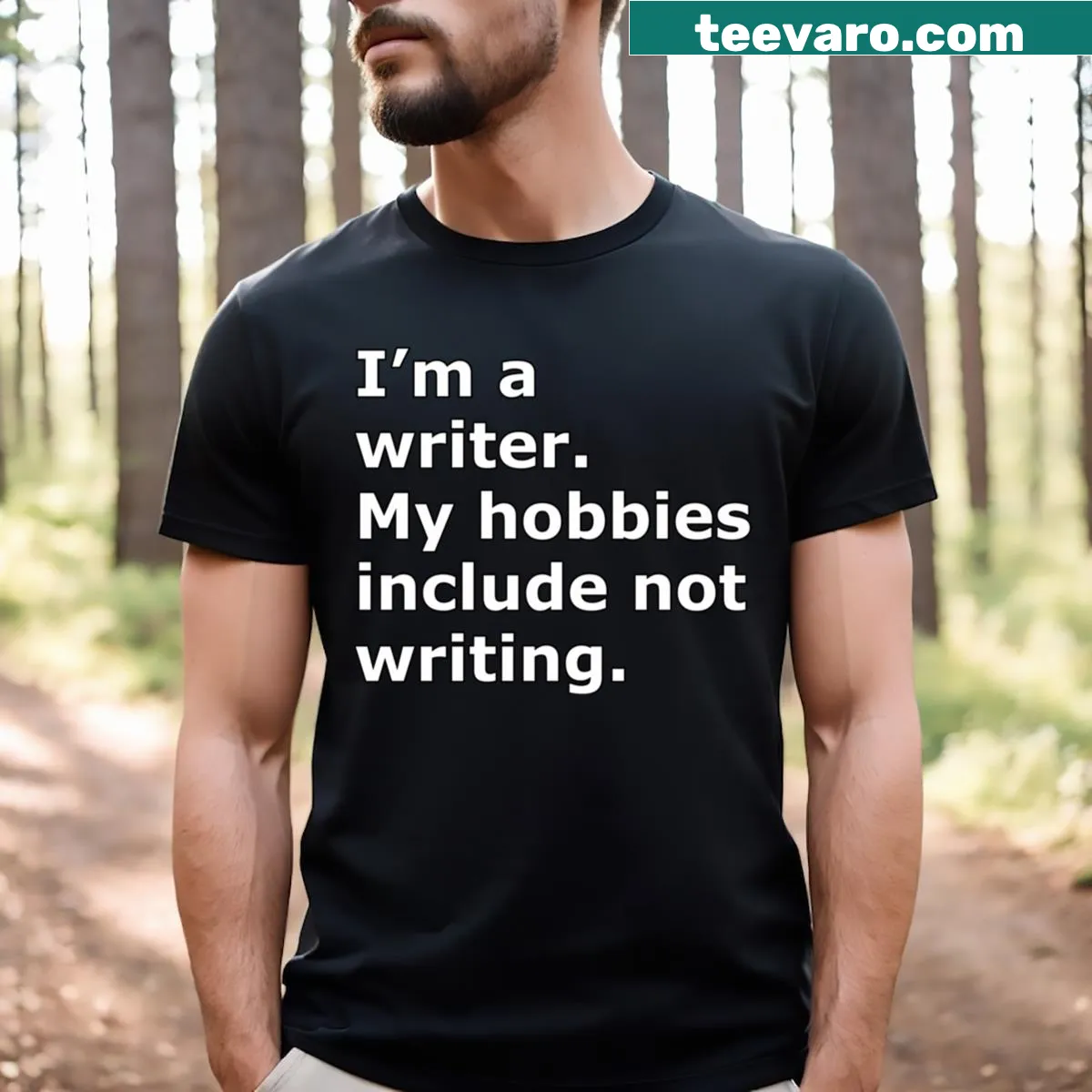Simple white text t-shirt featuring a relatable writing meme — on a men's t-shirt