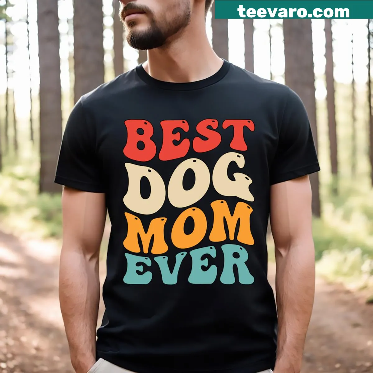 Retro funny t-shirt saying Best Dog Mom Ever in groovy text — on a men's t-shirt
