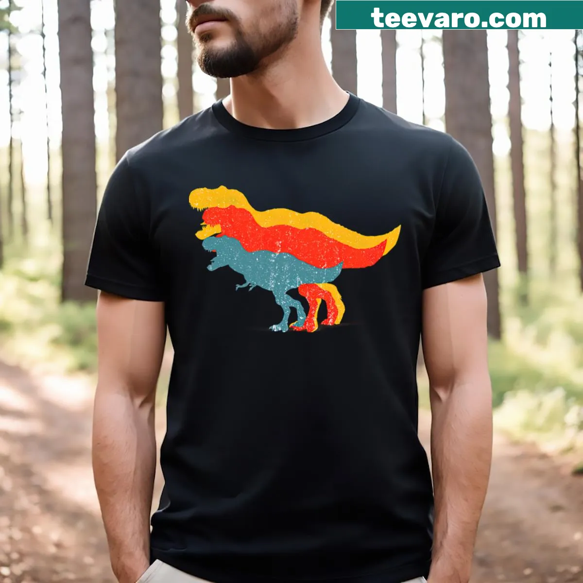 Vintage distressed T-rex graphic tee celebrating dinosaurs — on a men's t-shirt