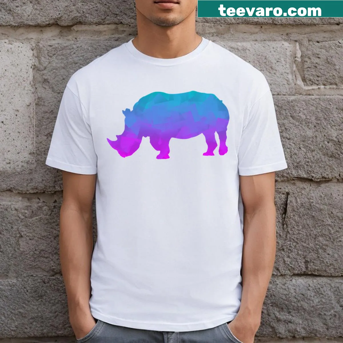 Abstract cubist T-shirt featuring a colorful rhino design — on a men's t-shirt