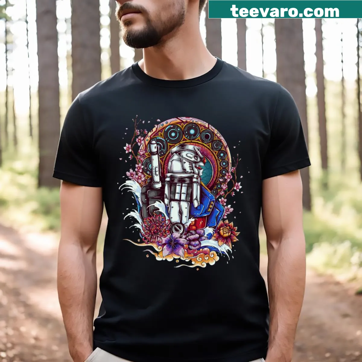 T-shirt featuring playful robots with flowers in a whimsical design — on a men's t-shirt