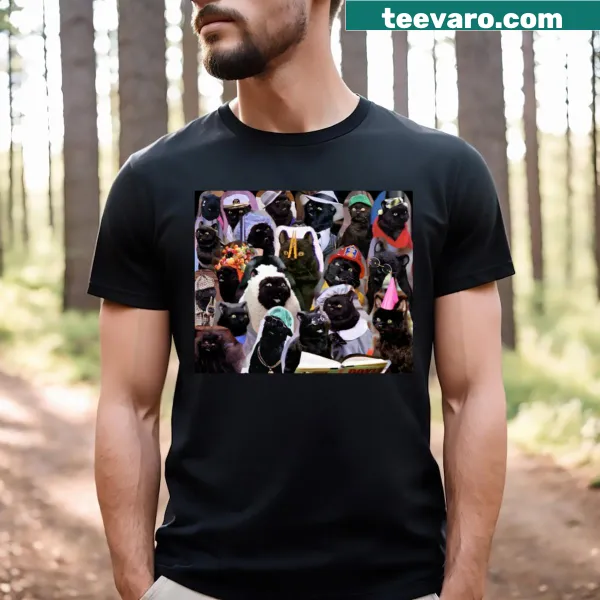 Illustrated collage of cats in various poses on a t-shirt