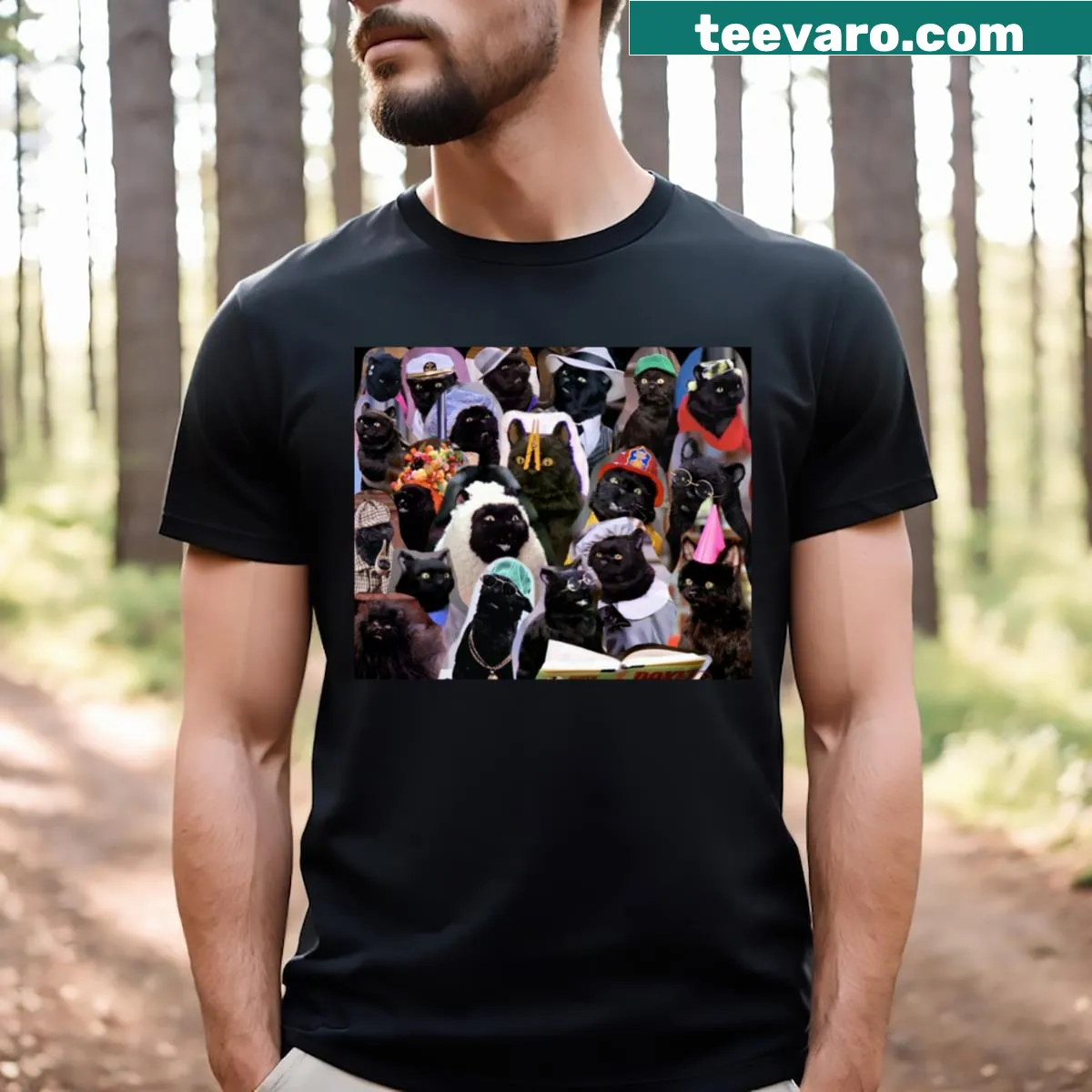 Illustrated collage of cats in various poses on a t-shirt — on a men's t-shirt