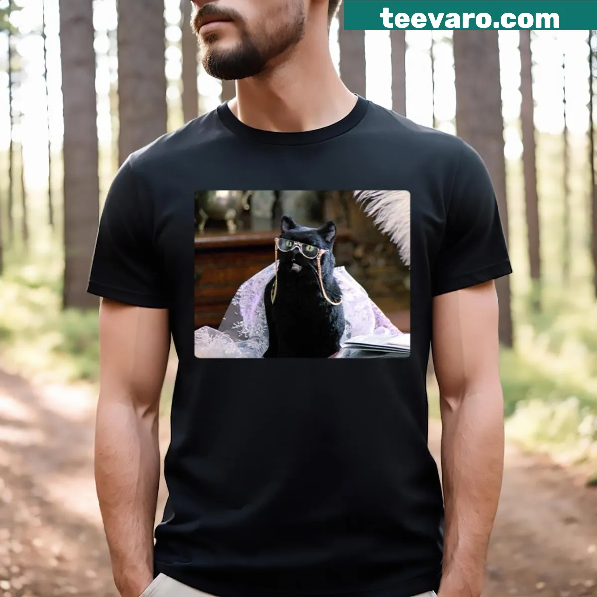 Salem the Cat wearing glasses illustrated on a casual t-shirt — on a men's t-shirt